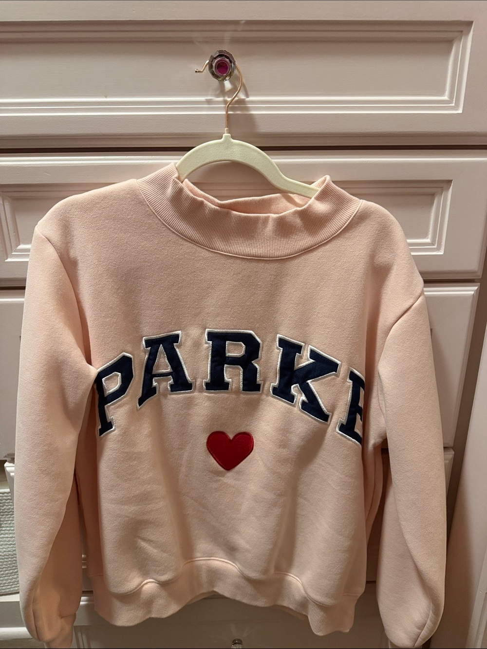 Parke Blush Mock-Neck Sweatshirt with Navy Appliqué and Red Heart